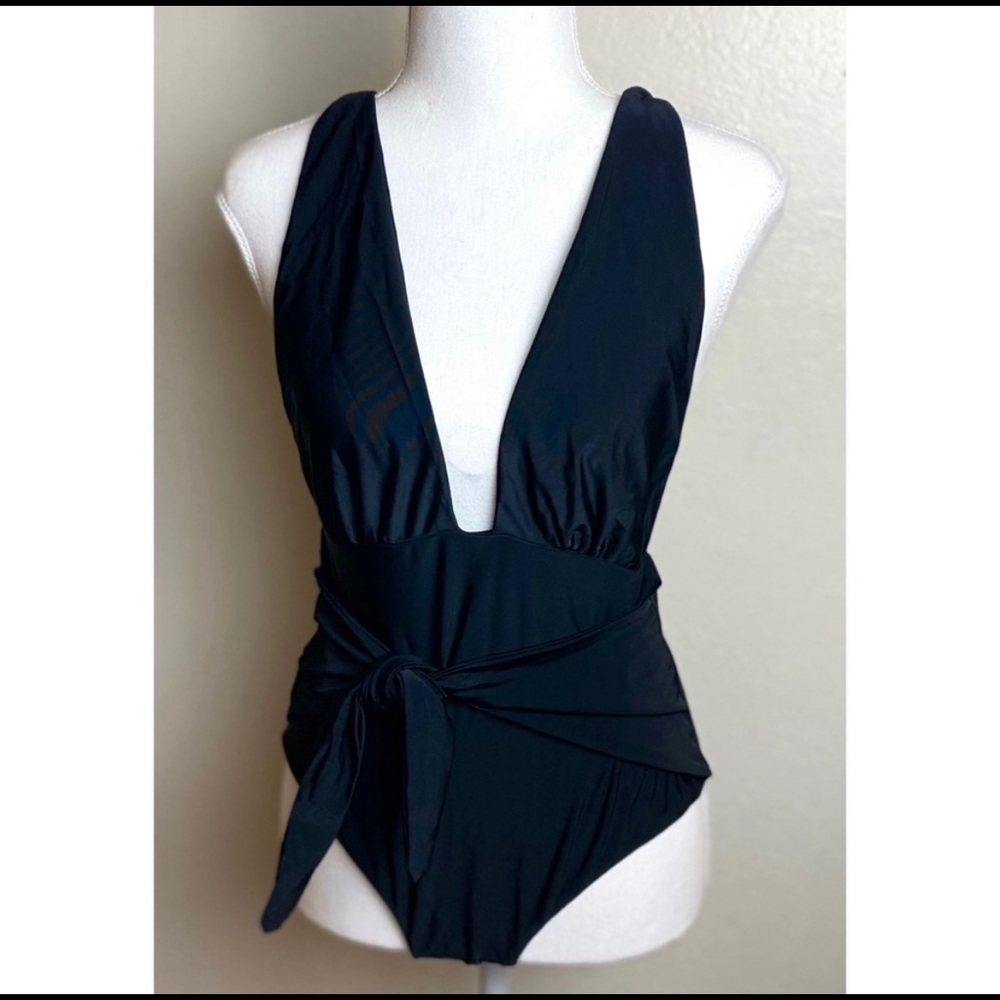 Black Deep V-Neck One Piece Swimsuit